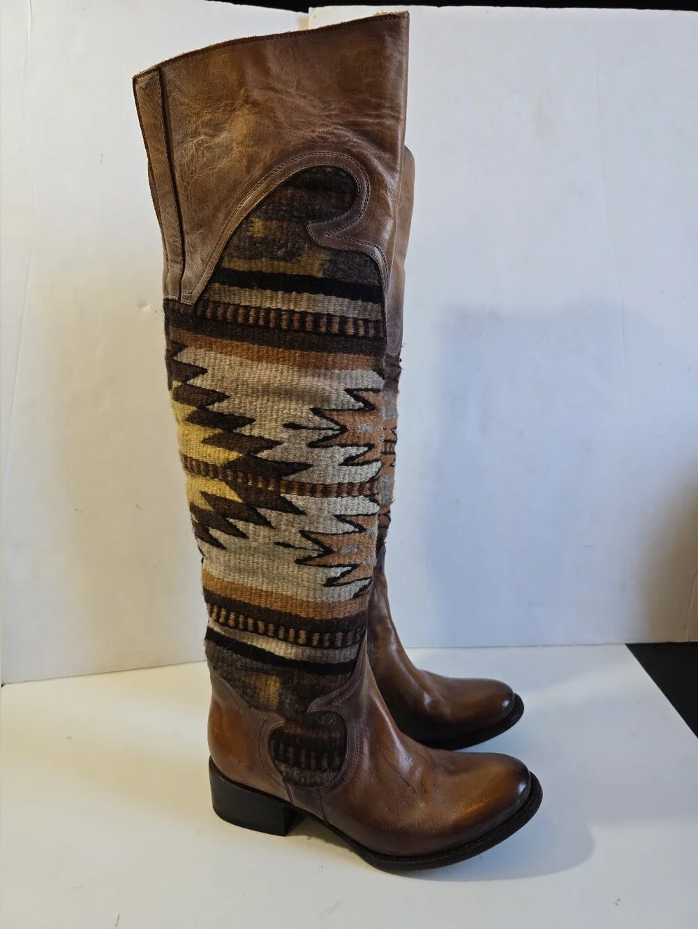 Freebird By Steven Sun Brown Leather and Aztec-Pattern Tall Boots Size 8